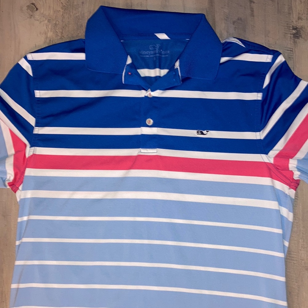 Vineyard Vines Striped Blue and Pink Collared Polo Golf Shirt